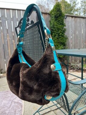 Y2K Kathy Van Zeelan Faux Fur Hobo Shoulder Bag with Turquoise Trim